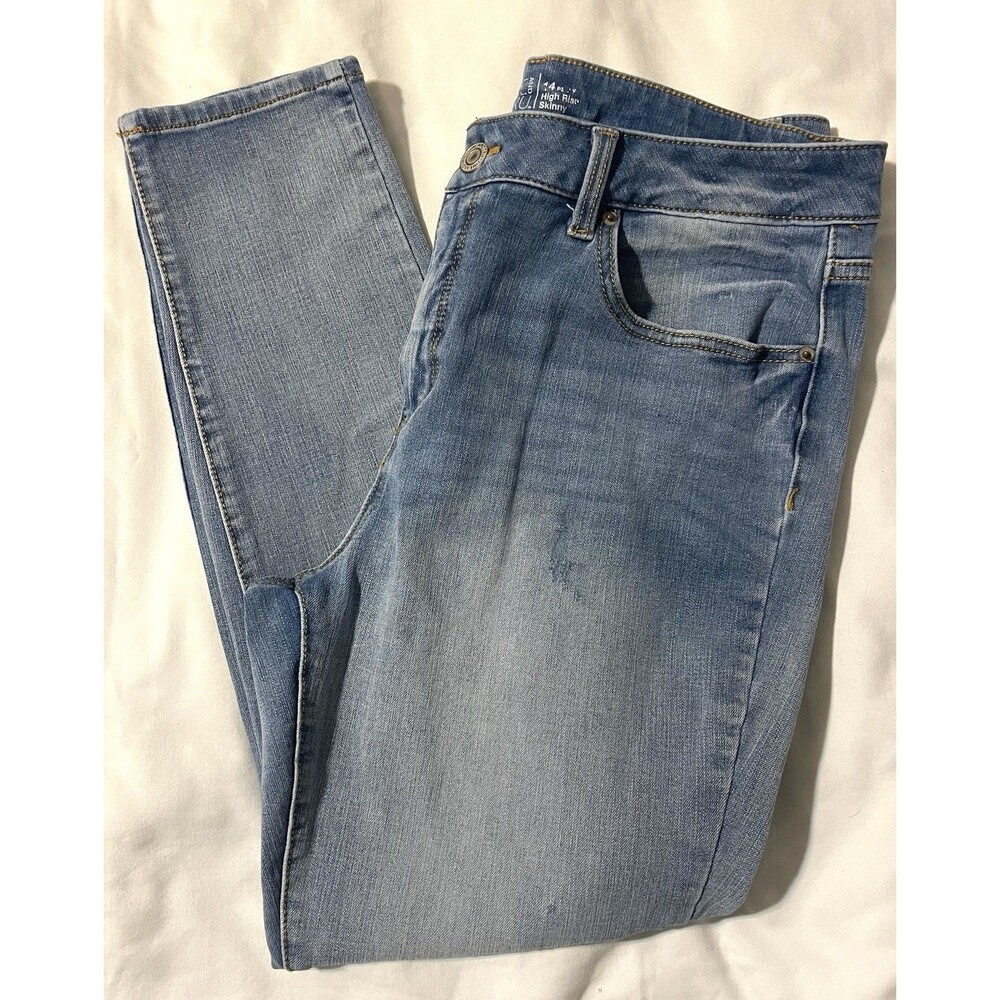 High Rise Skinny Jeans Whiskered Lightly Distressed Stretch 5 Pocket Women’s 14P
